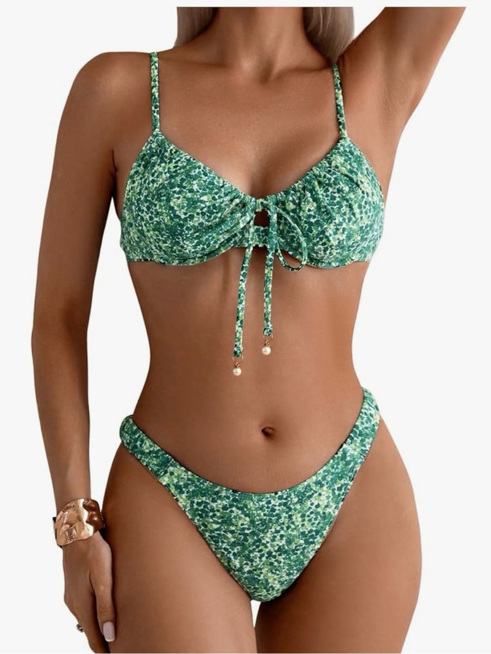 Green Floral Tie-Front Bikini Set - Women Swim Size XL